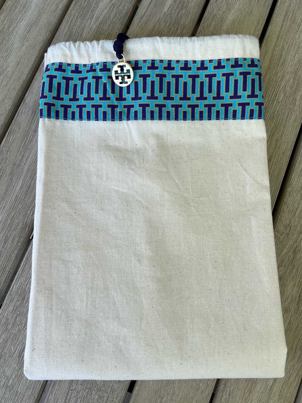 Tory Burch XL Natural Canvas Dust Bag with Teal & Purple Trim - NWOT